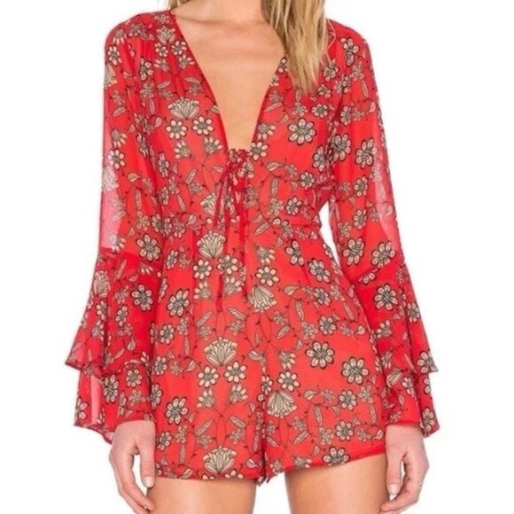 For Love & Lemons Women's Pia Romper Floral Red Size S Bell Sleeves Boho - Picture 1 of 16